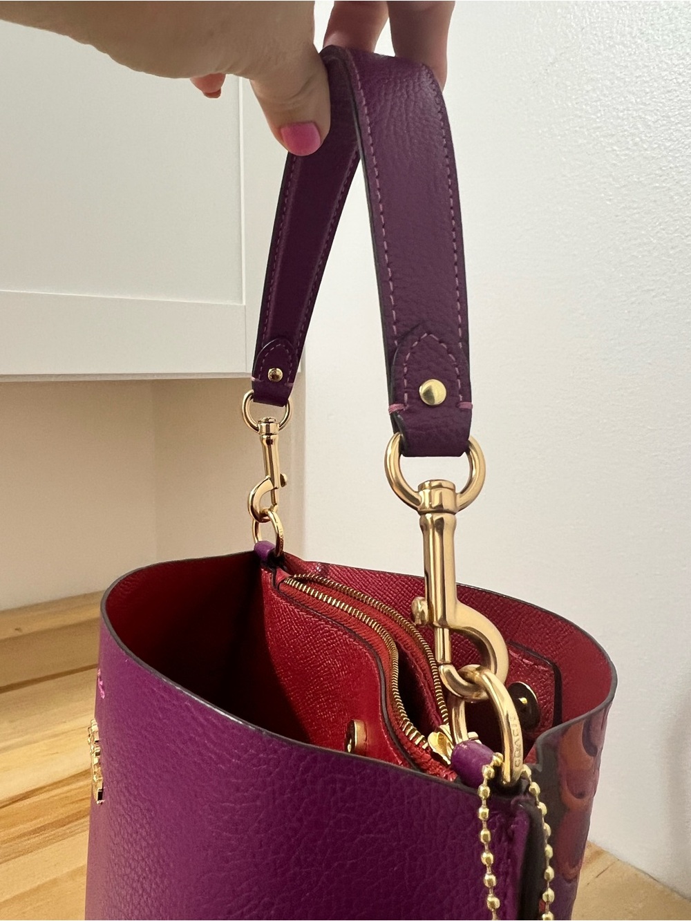 Coach Purple Floral Leather Bucket Bag - Picture 12 of 15